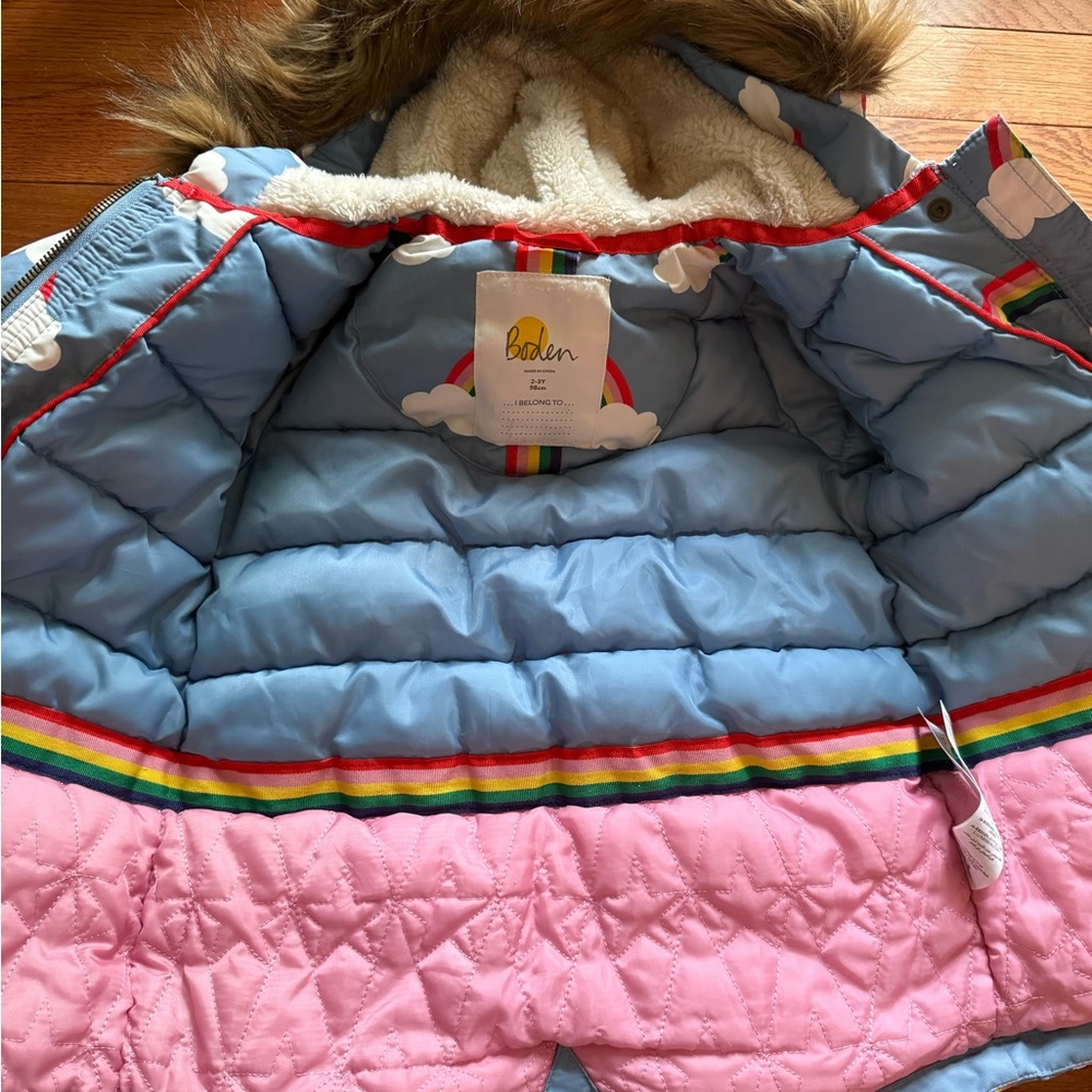 Boden Blue and Pink Jacket with Fur Hood - Picture 2 of 4